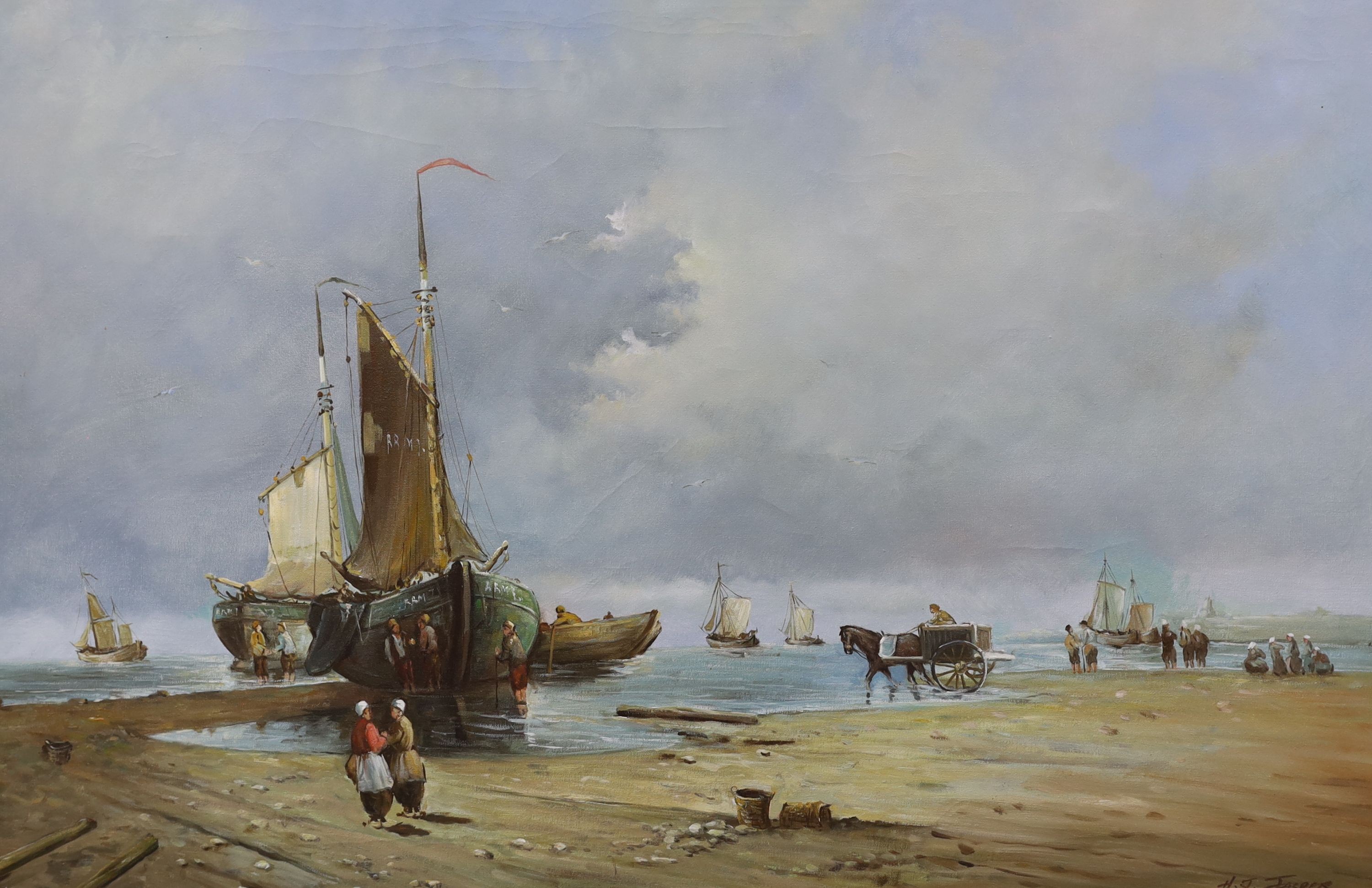H.J Jasper, Dutch school, oil on canvas, beach scene 59x89cm